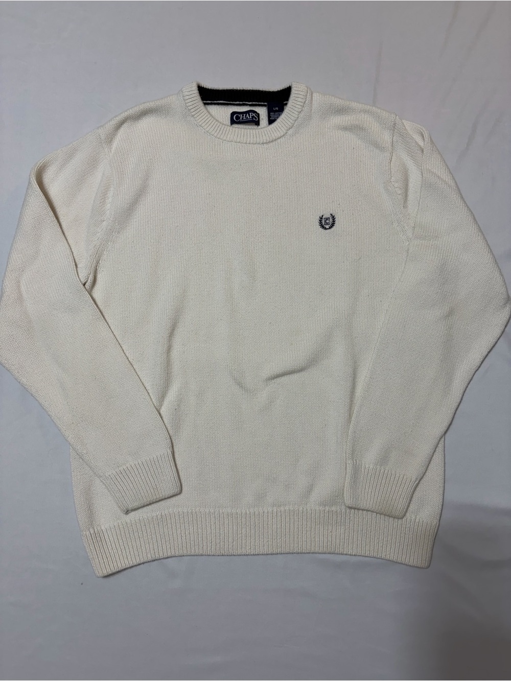 Chaps Mens L Cream Crewneck Sweater 100% Cotton Embroidered Crest Country Club